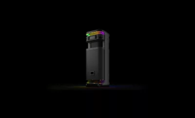 Rotating view of the ULT TOWER 10 speaker with lights illuminated.