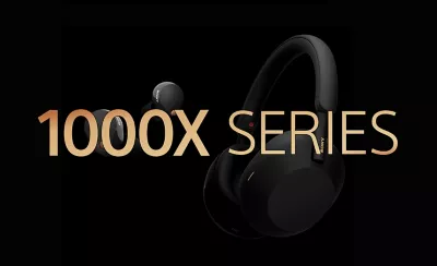 Image of two sets of Sony headphones on a black background with gold 1000X SERIES text in-front