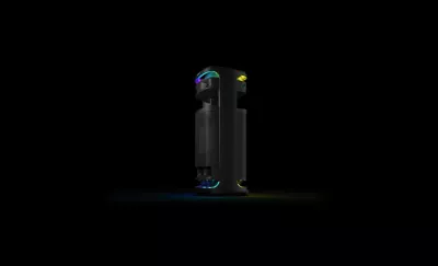 Rotating view of the ULT TOWER 10 speaker with lights illuminated.