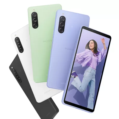 Rear-facing Xperia 10 V smartphones in Black, White, Sage Green and Lavender, plus a front-facing Xperia 10 V in Lavender, displaying an image of a young woman