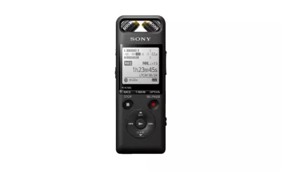 Front view of black music recorder on white background