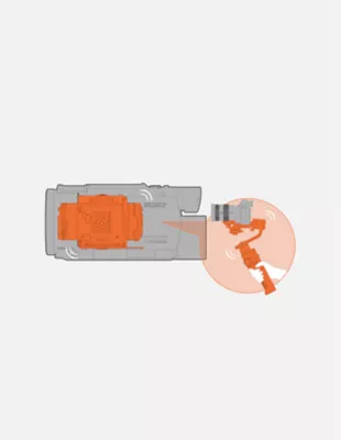 Graphic of grey camcorder with orange gimbal mechanism inside