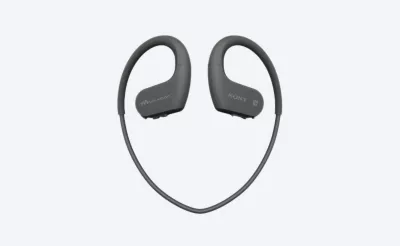 Behind-the-neck in-ear headphones for sport on grey background