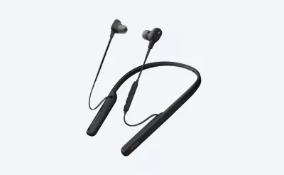 Behind-the-neck wireless in-ear headphones on grey background