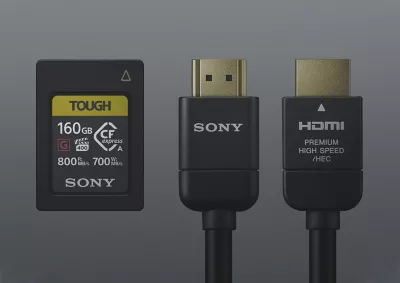 A Sony Tough SD card and two black Sony cables on a grey background