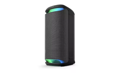 Image of the Sony SRS-XV800 Wireless Party Speaker, with blue and green ambient lighting, on a white background