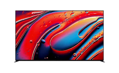 Front view of BRAVIA 9 with screenshot of red and blue water droplets