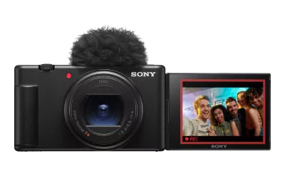 Front view of Sony ZV-1 II vlog camera with flip screen