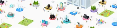 Illustrations of sustainability-related objects such as Sony‘s products lineup, greenery, parks and wind power generators, lined up and people of various races and ages gathering around the objects.