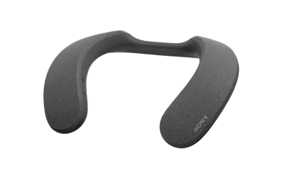 Wearable neck speaker on light grey background