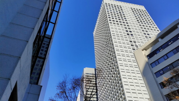 地上から見上げた冬の新宿のビル