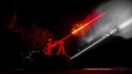 FILE: A Ukrainian serviceman of the 126th brigade air-defence unit fires by a machine gun during the training in Kherson region, 4 October 2024