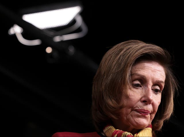 <p>Nancy Pelosi speaks during a weekly press conference</p>