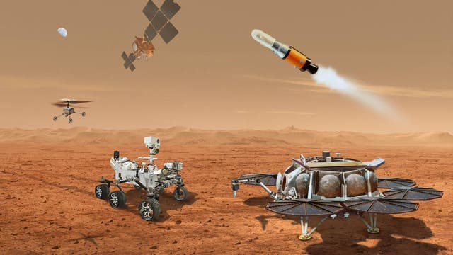 <p>Illustration shows a concept for multiple robots that would team up to ferry to Earth samples collected from the Mars surface by Nasa’s Mars Perseverance rover</p>