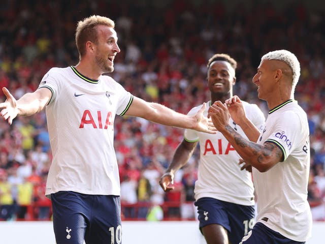 <p>Harry Kane celebrates scoring his second against Nottingham Forest on Sunday </p>