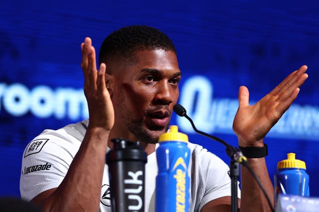 <p>Anthony Joshua at the launch press conference for his fight with Daniel Dubois</p>