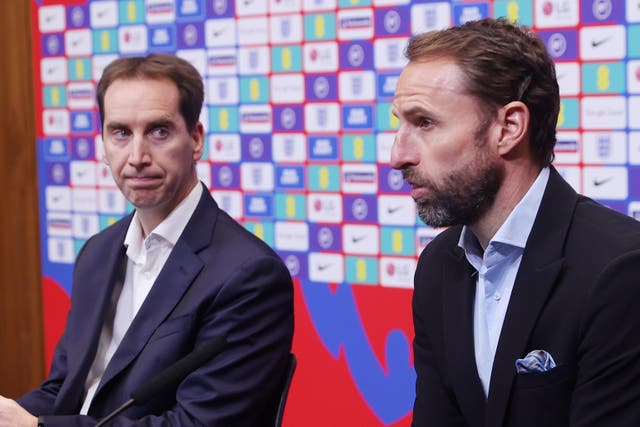 <p>Mark Bullingham (left), CEO of the FA, at a 2021 press conference with Gareth Southgate</p>