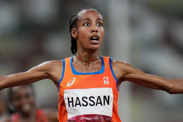 <p>Sifan Hassan, of the Netherlands, celebrates in Tokyo</p>