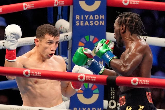 <p>Terence Crawford (right) during his decision win over Israil Madrimov </p>