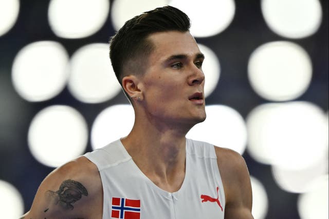 <p>Jakob Ingebrigtsen of Norway reacts after a shock defeat in the men’s 1500m</p>