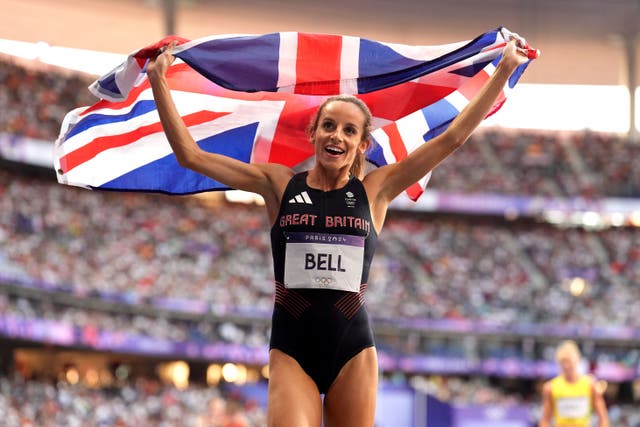 <p>Great Britain’s Georgia Bell celebrates winning bronze in the women’s 1500 metres final</p>