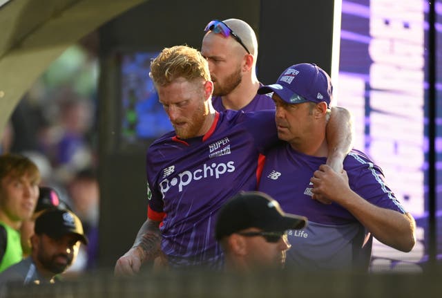 <p>Ben Stokes of Northern Superchargers is carried from the field after picking up an injuryduring The Hundred match between Manchester Originals and Northern Superchargers at Emirates Old Trafford</p>