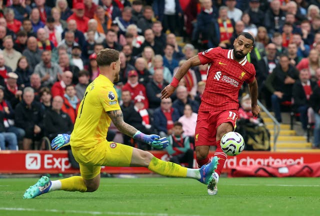 <p>Mohamed Salah bends home Liverpool’s second goal</p>