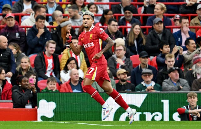 <p>Diaz celebrates scoring Liverpool’s first Anfield goal under Arne Slot </p>