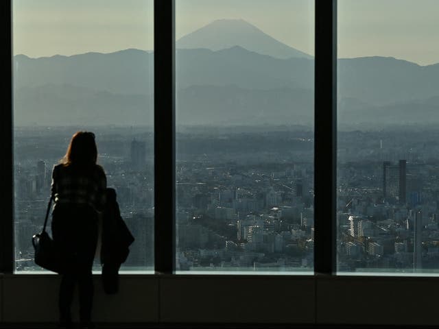 <p>File. A woman looks out towards the western suburbs of the city as Mount Fuji (C) looms in the distance, as seen from a building project in Tokyo, Japan</p>