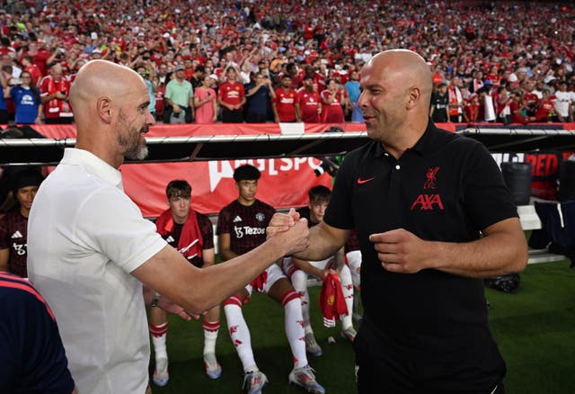 <p>Arne Slot Head Coach of Liverpool with Erik ten Hag manager of Manchester United</p>