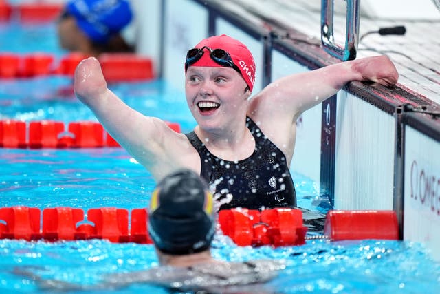 Great Britain’s Ellie Challis celebrates winning gold (Zac Goodwin/PA)