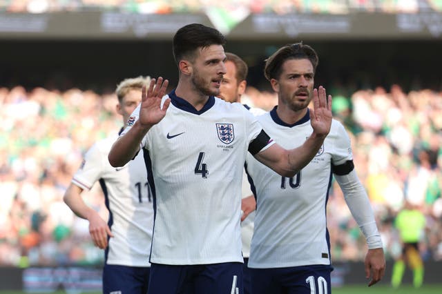 <p>Declan Rice held his hands up in apology after scoring for England against the Republic of Ireland </p>