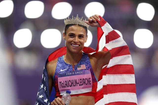 <p>Sydney McLaughlin-Levrone of Team United States celebrates winning the gold medal</p>