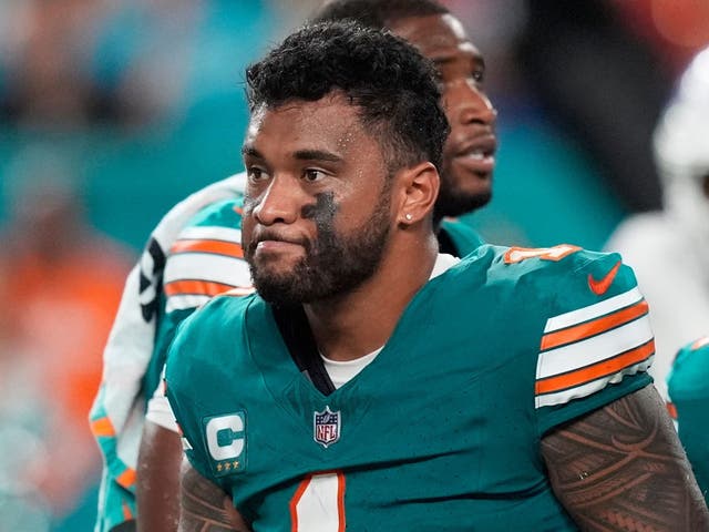 <p>Miami Dolphins head coach Mike McDaniel talks to quarterback Tua Tagovailoa as he leaves the game after suffering a concussion (Rebecca Blackwell/AP)</p>