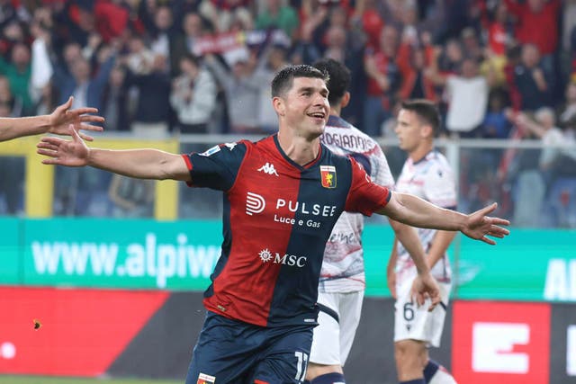 Genoa’s Ruslan Malinovskyi celebrates scoring his side’s first goal in a 2-0 Serie A victory over Bologna (Tano Pecoraro/AP/PA)