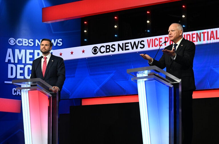 Tim Walz, right, broke with the debate’s occasional paeans to civility when JD Vance refused to acknowledge the truth about Donald J. Trump’s relentless lies about his defeat in 2020.