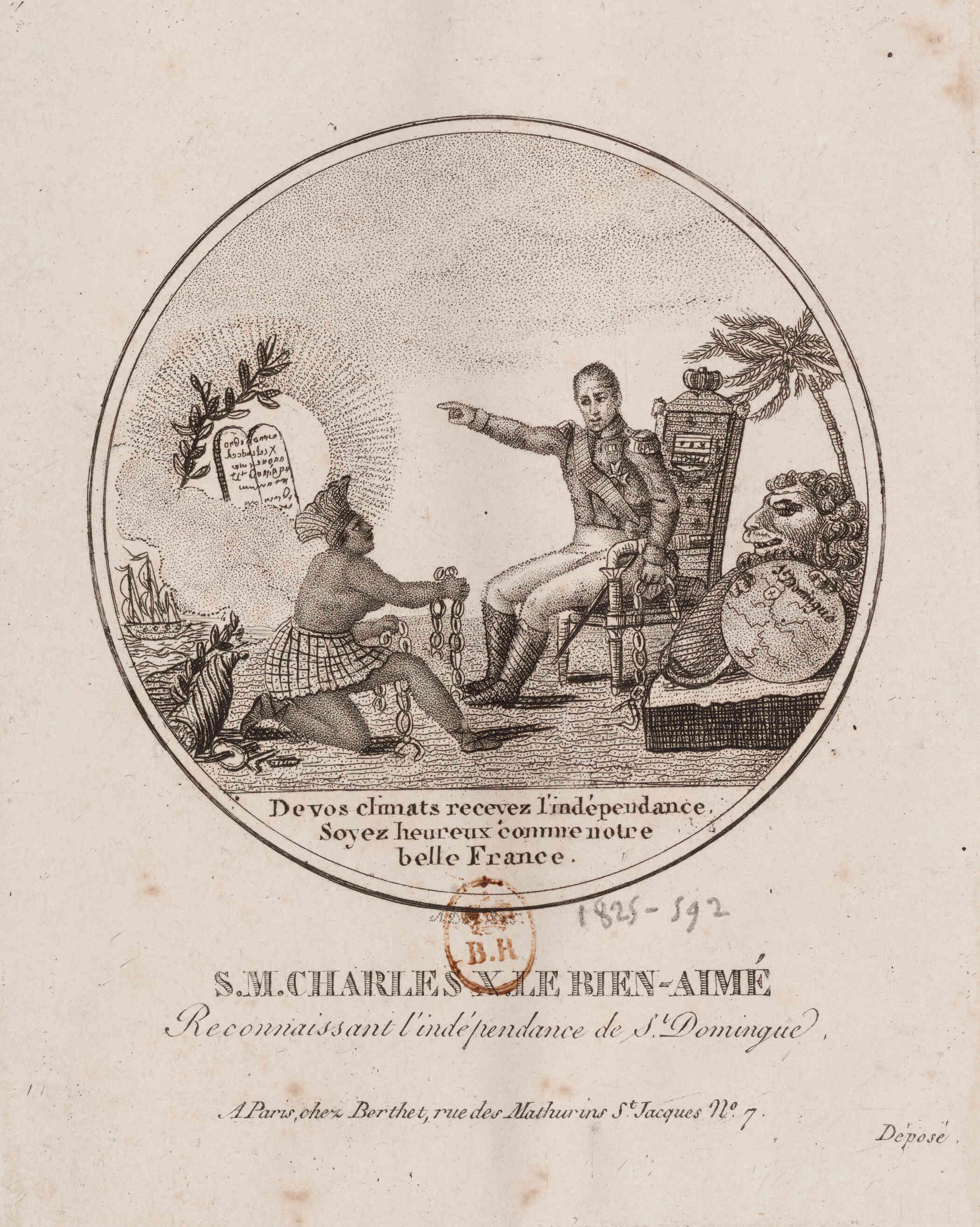 Illustration dated to 1825 showing Charles X, the king of France, liberating the Haitian people.