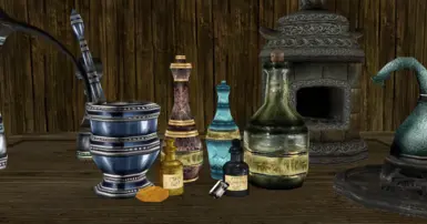 Arrangement to show scale of the bottles in relation to alchemy equipment & potion bottles