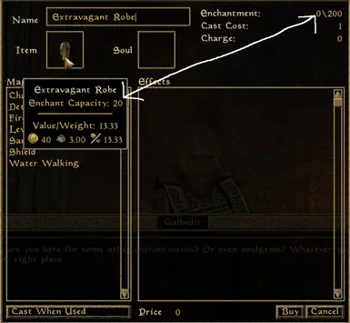 The original (broken) tooltip display compared to the enchanting interface's actual value (fEnchantmentMult set to 1.0)