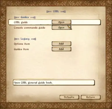 COBL configuration menu