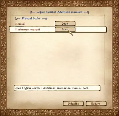 Legion Combat Additions manuals menu