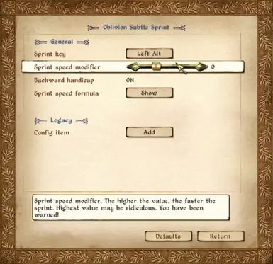 Oblivion Subtle Sprint Configuration menu