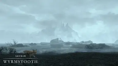 A fox runs along the shoreline. The ruins of Belonir can be seen in the distance, slowly slipping into the ocean.