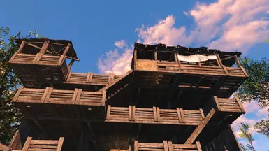 Balconies and ceiling-to-floor pieces with wood in the ceilings.