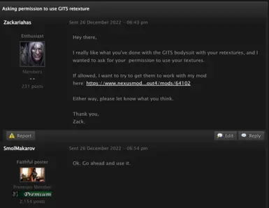 Permissions for GITS retextures use. Thank you, SmolMakarov!