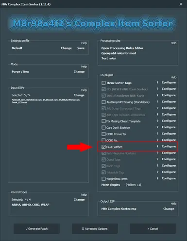 ECO Patcher plugin in Complex Sorter's main menu