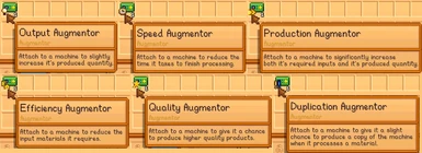 6 different augmentor items, that each have a different effect when attached to a machine