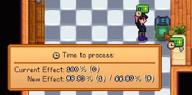 Hover over a machine with an augmentor selected on your toolbar to see what effect will be applied if you attach it. In this example, attaching 1 speed augmentor to the crystalarium makes it produce 4.5% faster. Attaching all 9 would make it 33% faster