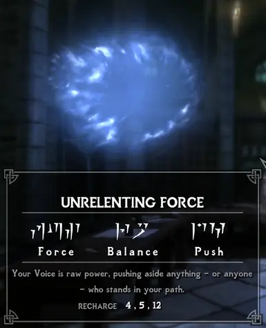 At the center is a swirling blue energy vortex or portal. At the bottom, the recharge times for Unrelenting Force are listed as “RECHARGE 4, 5, 12.”