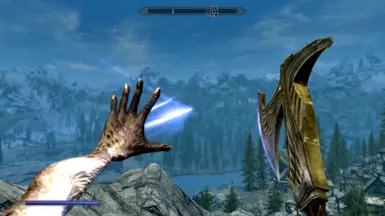 On the left side, a character’s hand is casting a spell, indicated by a glowing blue light. On the right, there’s an ornate golden sword with intricate designs.